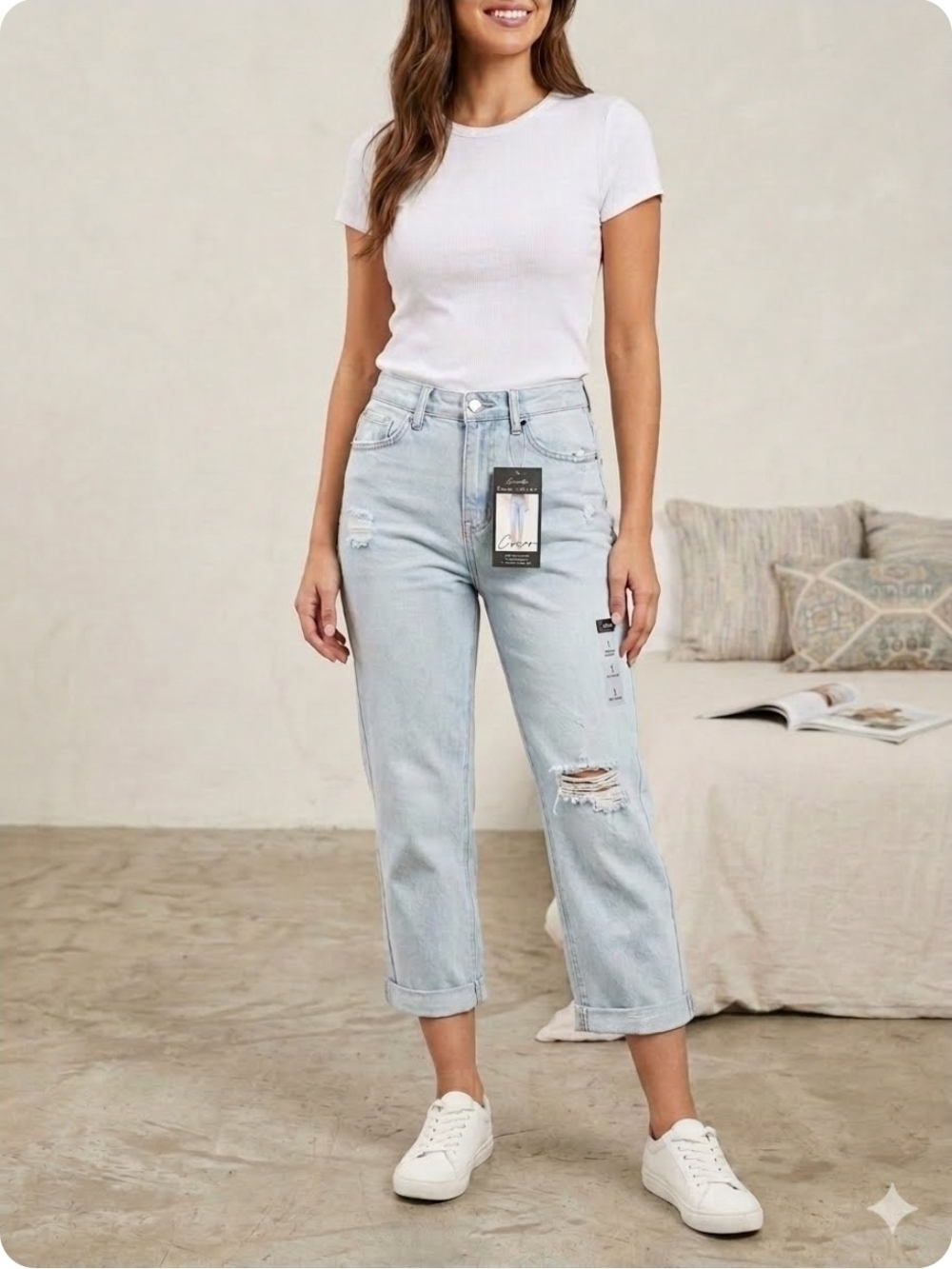 Royalty For Me Light Blue Cropped Boyfriend Jeans with Distressed Knee